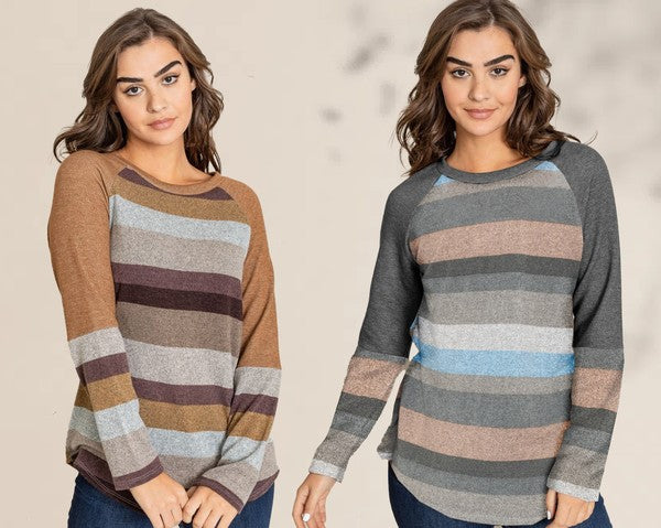 Comfortable Design Multi Stripe Tunic with Long Sleeves