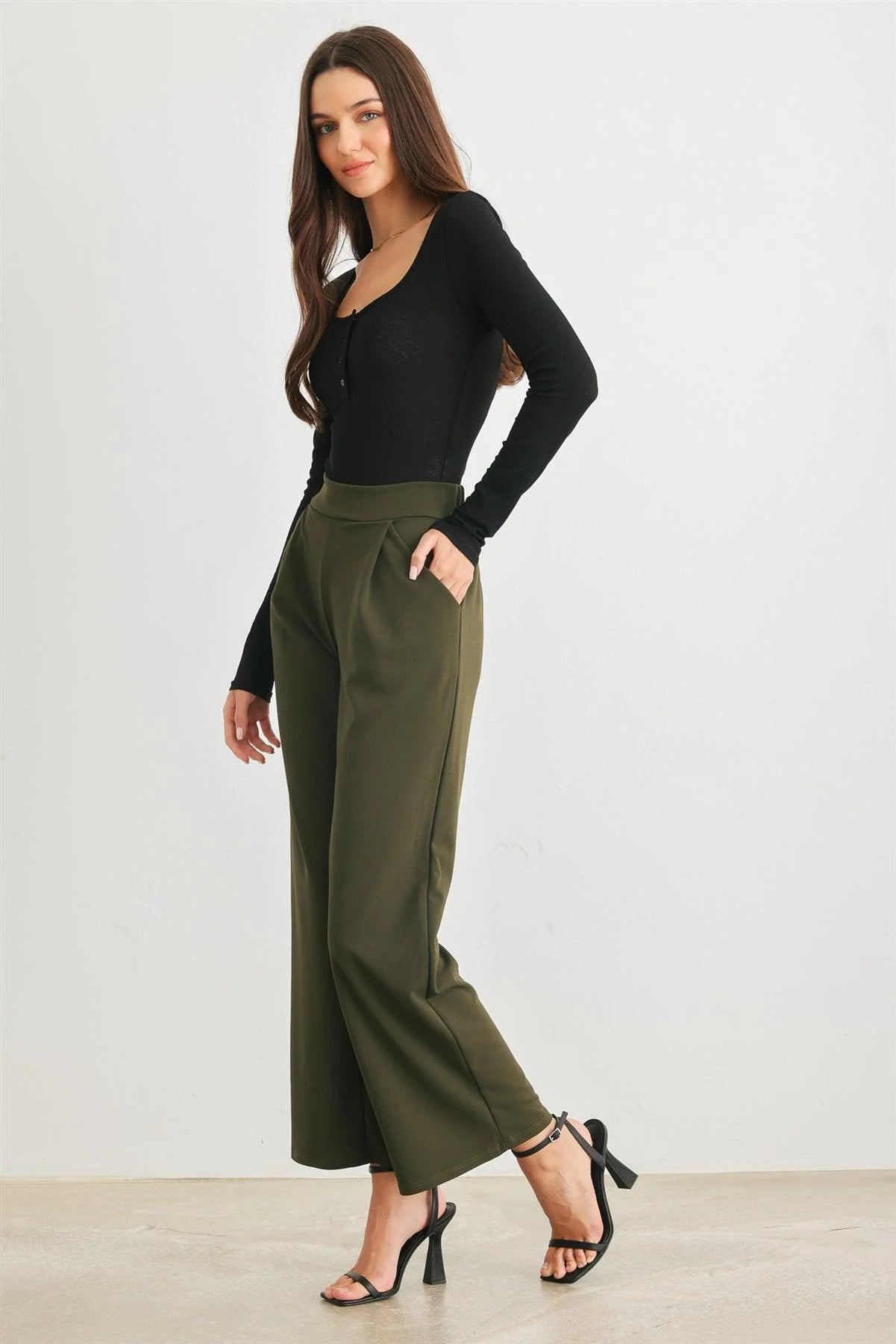 Olive Two Pocket High Waist Wide Leg Pants