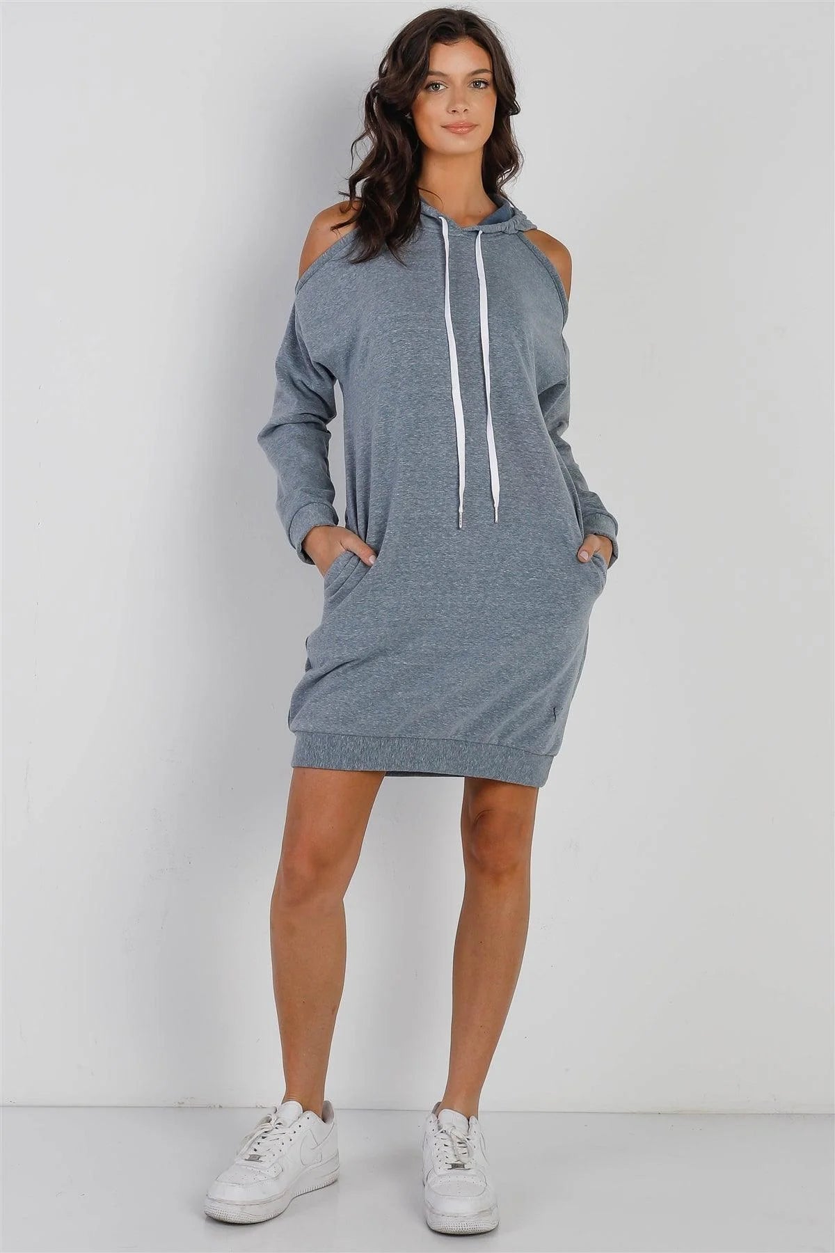 Light Blue Cold Shoulder Hooded Long Sleeve Dress