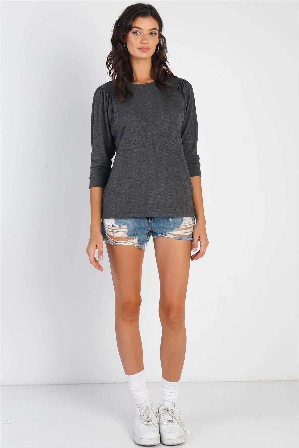 Charcoal Textured Crew Neck Midi Sleeve Sweatshirt