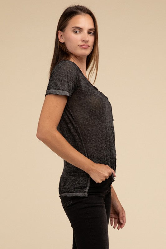 Washed Mélange Burnout Scoop V-Neck Top