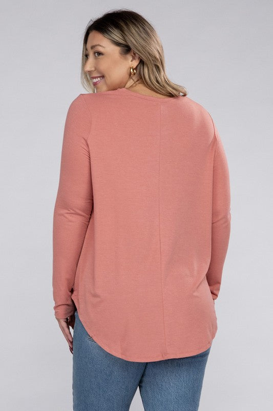 Plus Long Sleeve Round Neck Round Hem Top