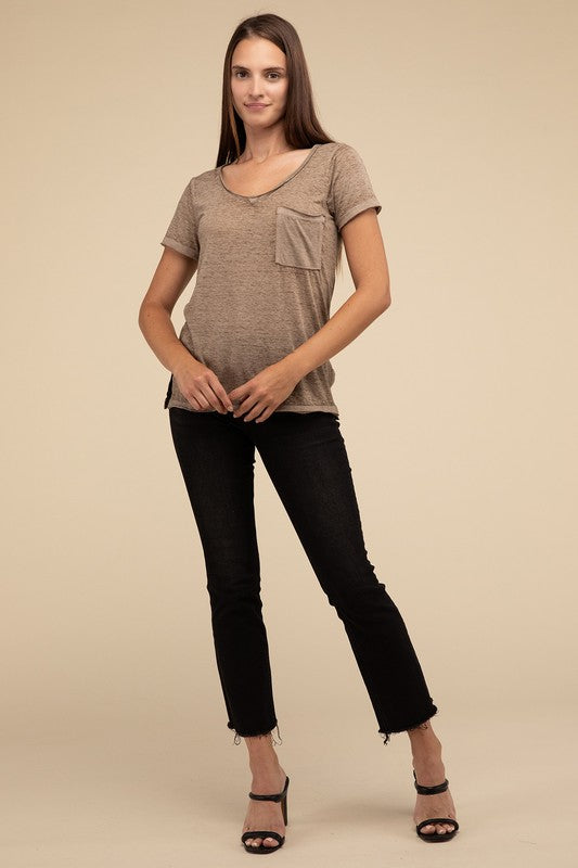 Washed Mélange Burnout Scoop V-Neck Top