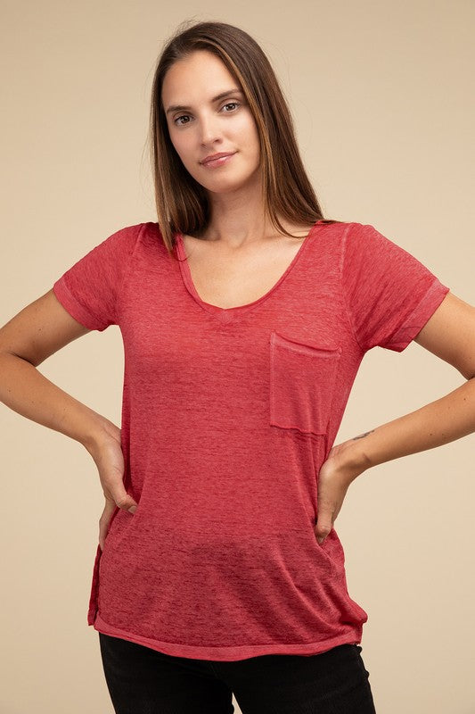 Washed Mélange Burnout Scoop V-Neck Top