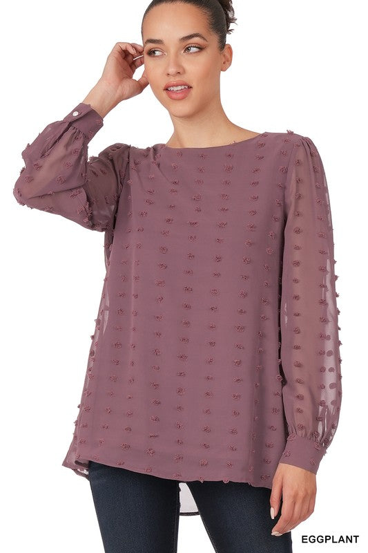 Swiss Dot Round Neck Blouse with Sheer Sleeve