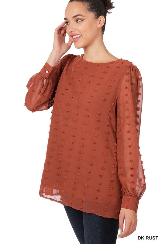 Swiss Dot Round Neck Blouse with Sheer Sleeve