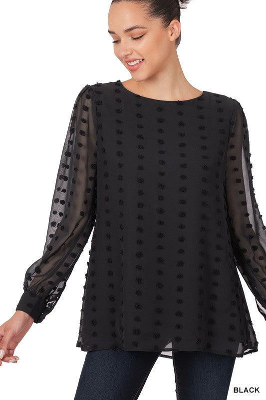 Swiss Dot Round Neck Blouse with Sheer Sleeve