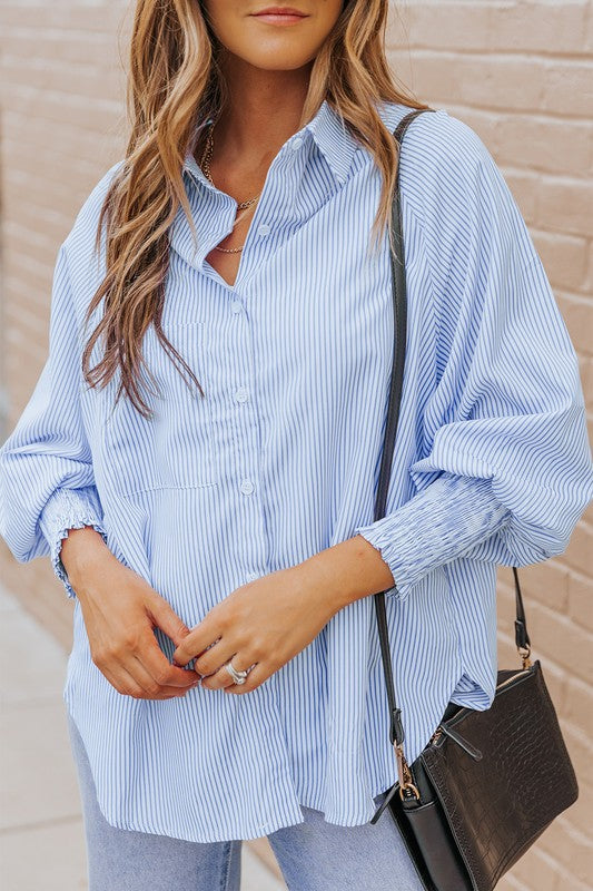 Light Blue Striped Casual Shirred Cuffs Shirt