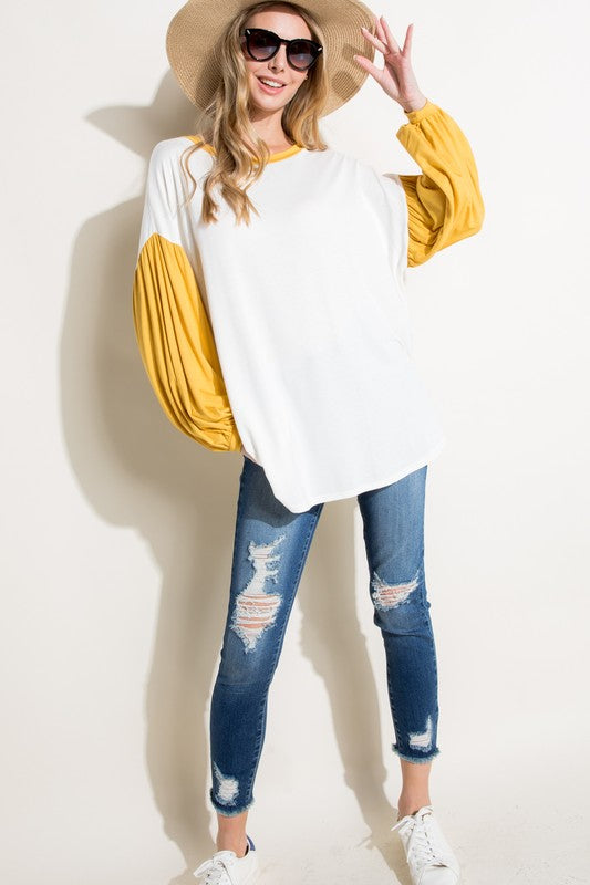 COLOR BLOCK VOLUME PUFF SLEEVE TOP