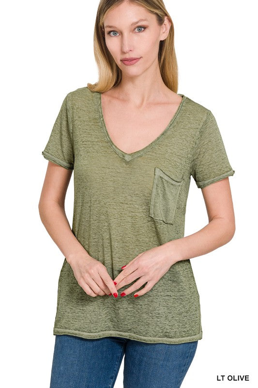 Washed Mélange Burnout Scoop V-Neck Top