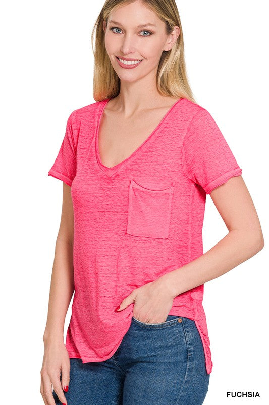 Washed Mélange Burnout Scoop V-Neck Top