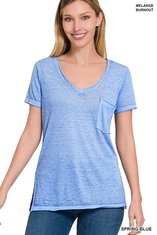 Washed Mélange Burnout Scoop V-Neck Top