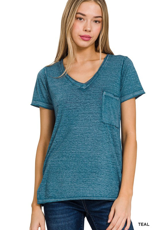 Washed Mélange Burnout Scoop V-Neck Top