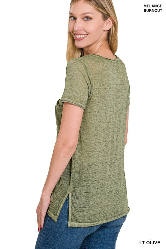 Washed Mélange Burnout Scoop V-Neck Top