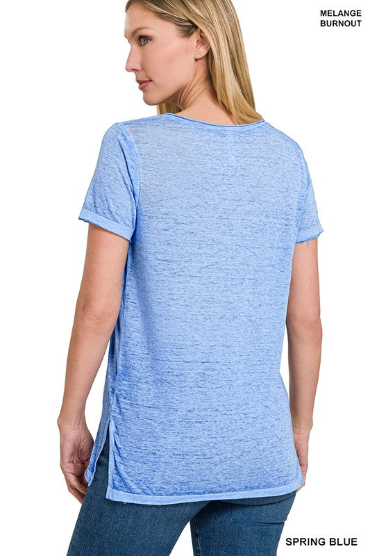 Washed Mélange Burnout Scoop V-Neck Top