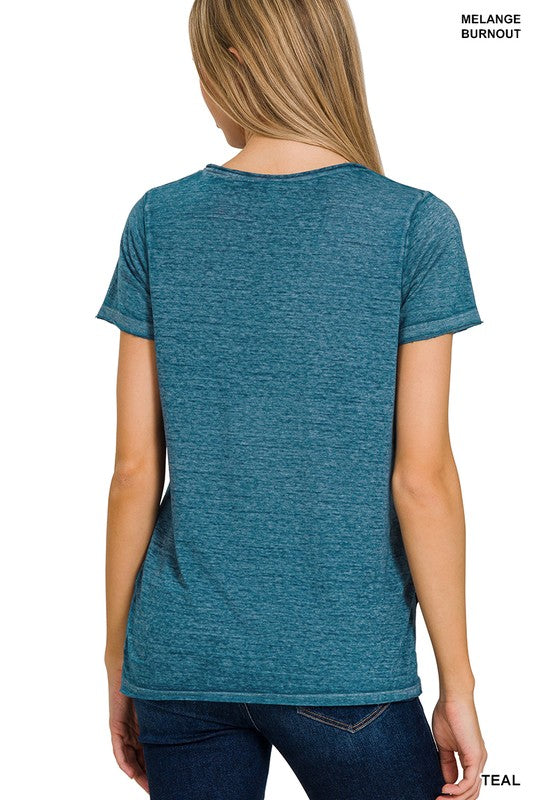 Washed Mélange Burnout Scoop V-Neck Top