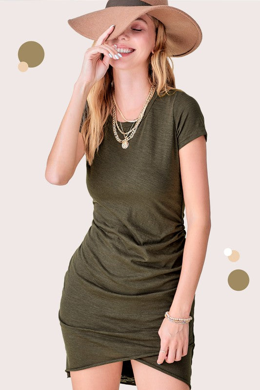 **SALE ** Soft Ruched Round Neck Short Sleeve Mini Dress