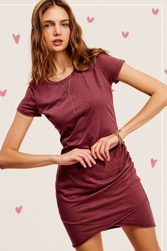 **SALE ** Soft Ruched Round Neck Short Sleeve Mini Dress