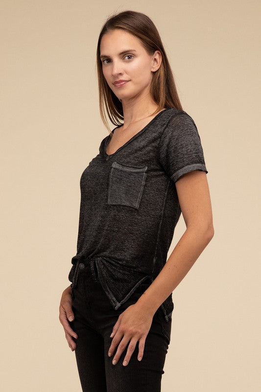 Washed Mélange Burnout Scoop V-Neck Top