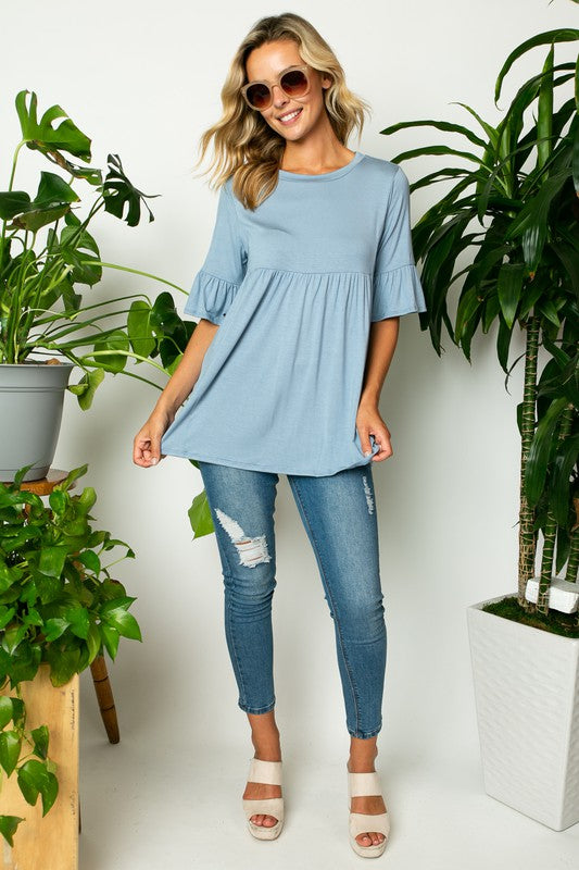 PLUS SOLID RUFFLE SLEEVE LOOSE TOP