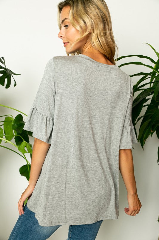 SOLID RUFFLE SLEEVE LOOSE FIT TOP