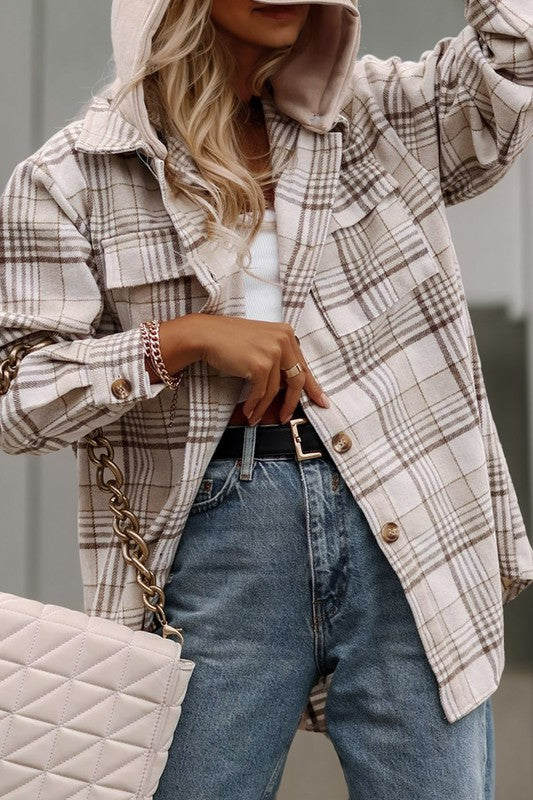 Plaid Removable Hood Buttoned Shacket