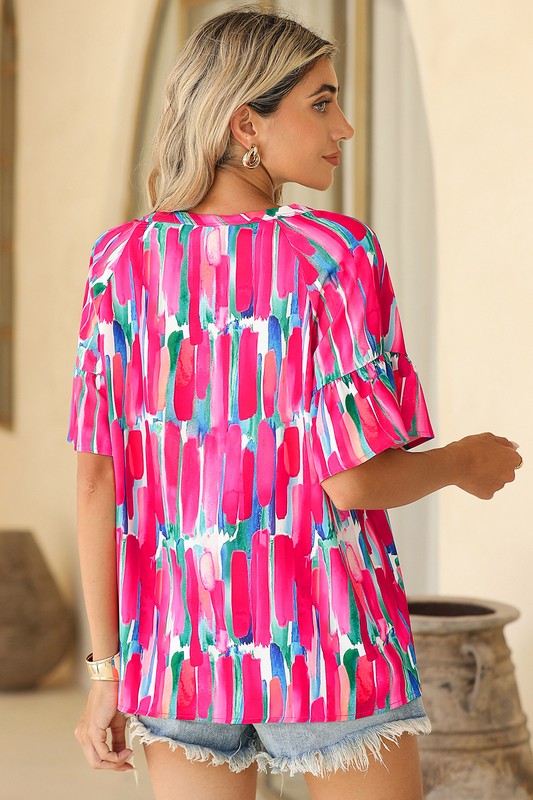 Abstract Brushwork Print Buttoned V Neck Blouse