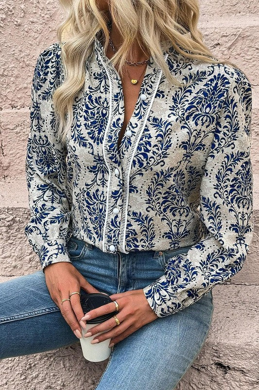 Bohemian Printed Bishop Sleeve Lace Shirt