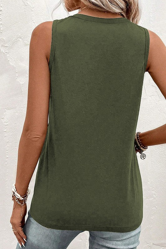 Women Half Button V Neck Patched Pocket Tank Top