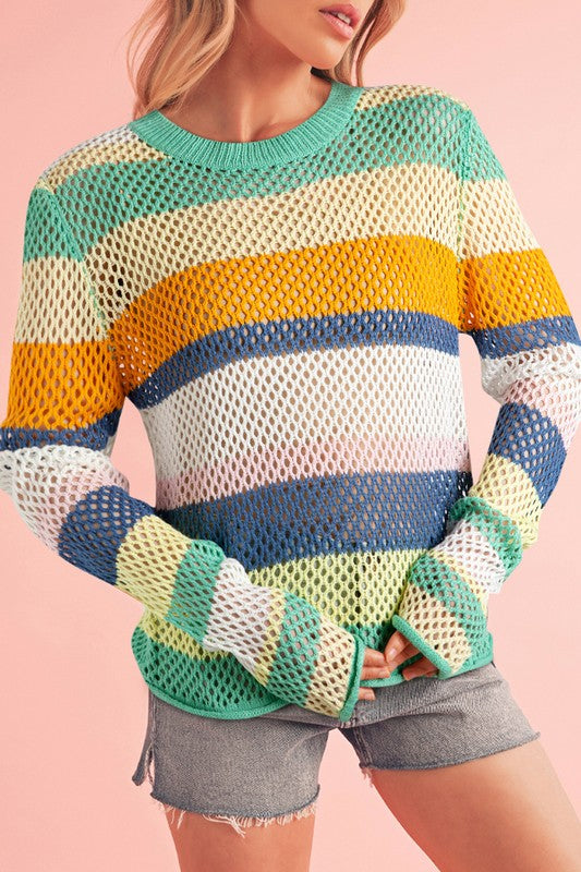 Colorblock Striped Hollow Knitted Top