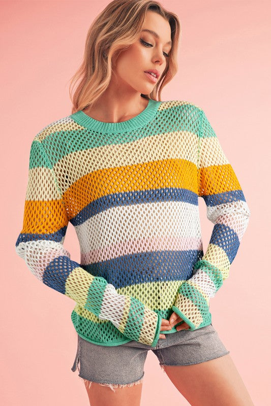 Colorblock Striped Hollow Knitted Top