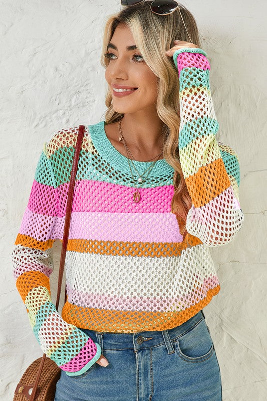 Colorblock Striped Hollow Knitted Top