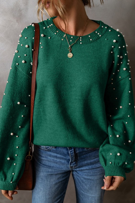 Pearl Drop Shoulder Round Neck Sweater