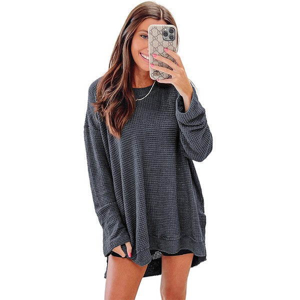 Women Waffle Knit High Slits Oversized Top