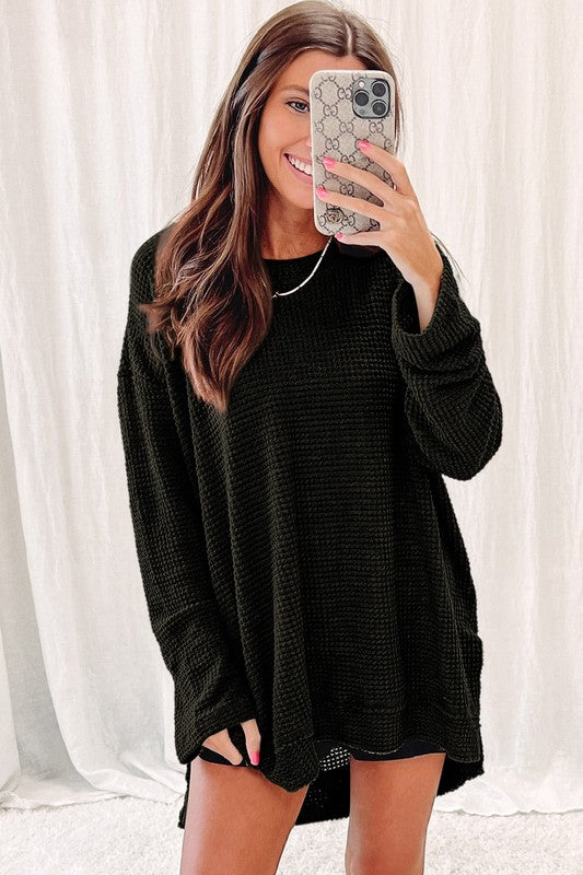 Women Waffle Knit High Slits Oversized Top