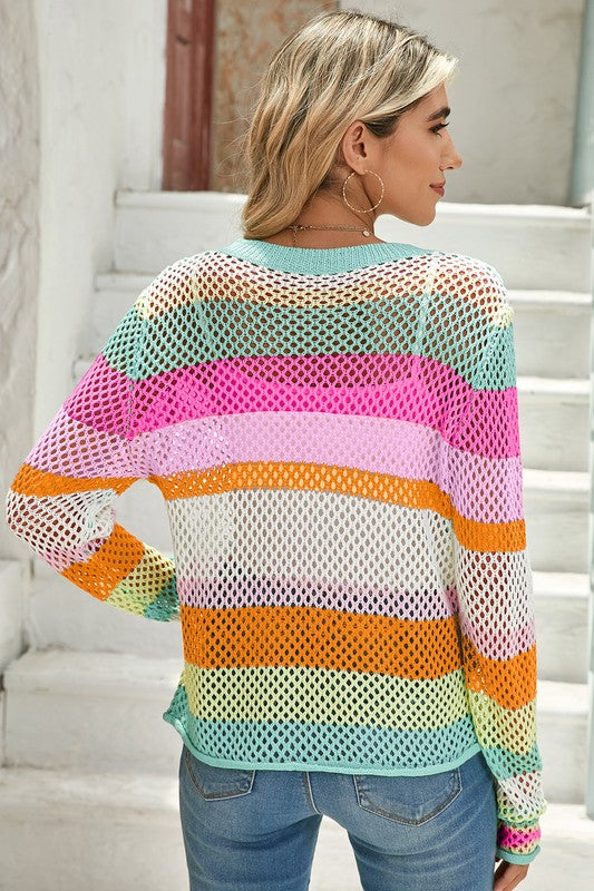 Colorblock Striped Hollow Knitted Top