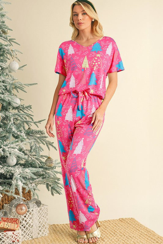 Christmas Tree Print Tee and Pants Lounge Set