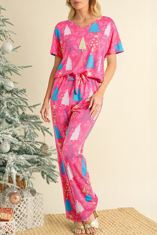 Christmas Tree Print Tee and Pants Lounge Set