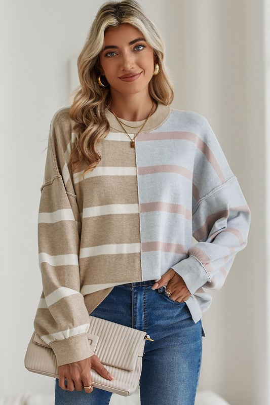 Striped Colorblock Drop Shoulder Sweater