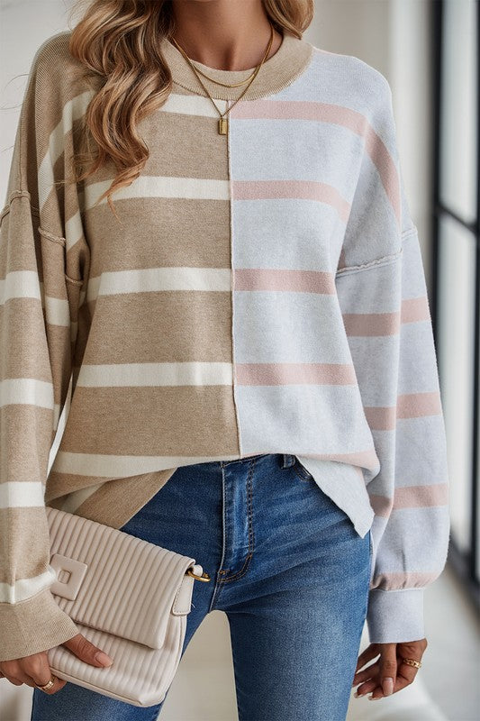 Striped Colorblock Drop Shoulder Sweater