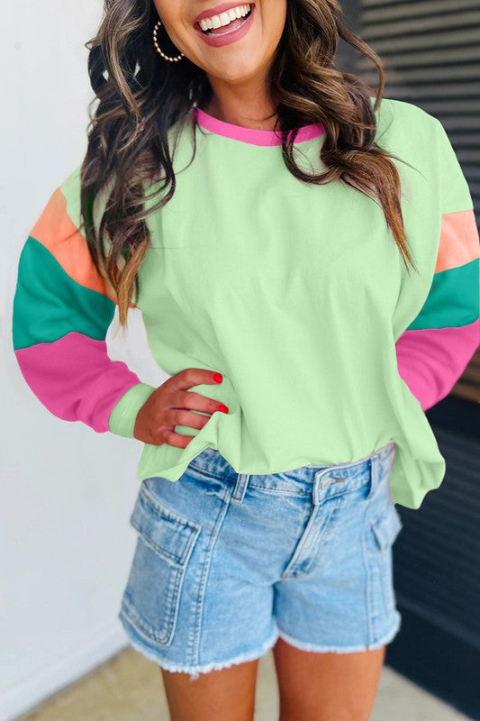 Women Colorblock Patchwork Long Sleeve Loose Top