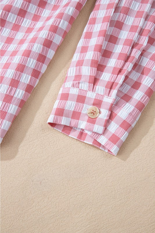 Gingham Print Chest Pockets Buttoned Shirt