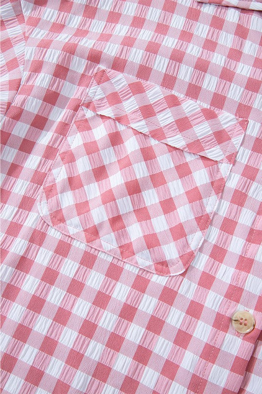 Gingham Print Chest Pockets Buttoned Shirt