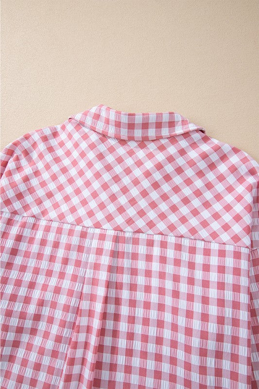 Gingham Print Chest Pockets Buttoned Shirt