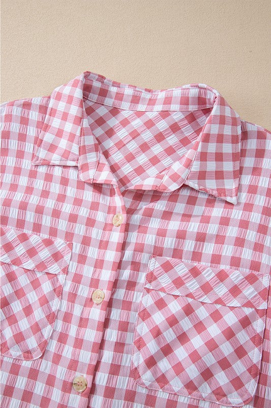 Gingham Print Chest Pockets Buttoned Shirt