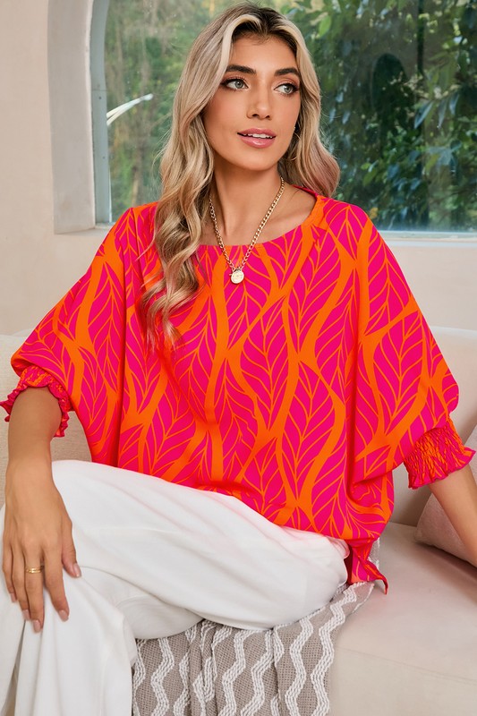 Tropical Leaf Print Smocked Cuffs Loose Blouse