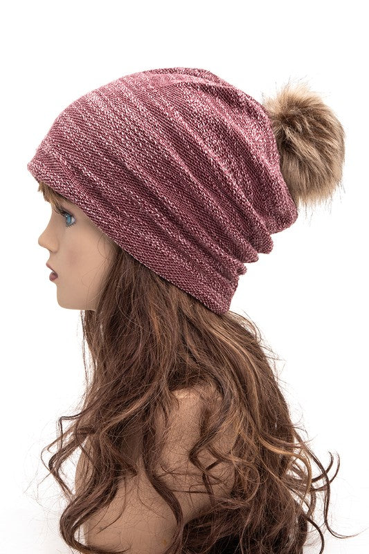 Faux Fur Pom Cotton Blend Slouchy Beanie