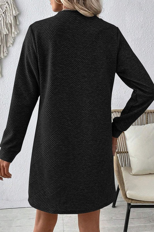 Women Solid Color Textured Long Sleeve Shift Dress