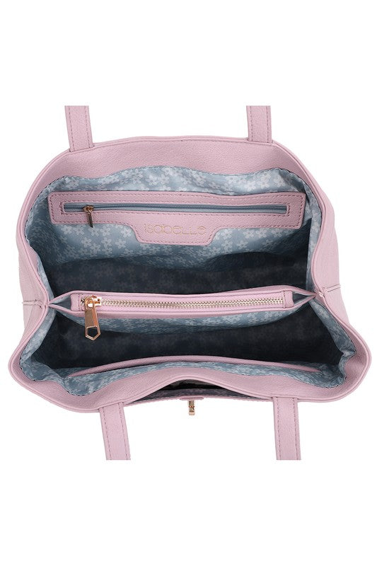 Faux Leather Twist Lock Flap Satchel with Zip Top Closure