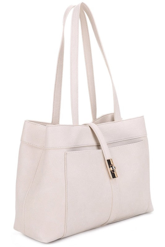 Faux Leather Twist Lock Flap Satchel with Zip Top Closure